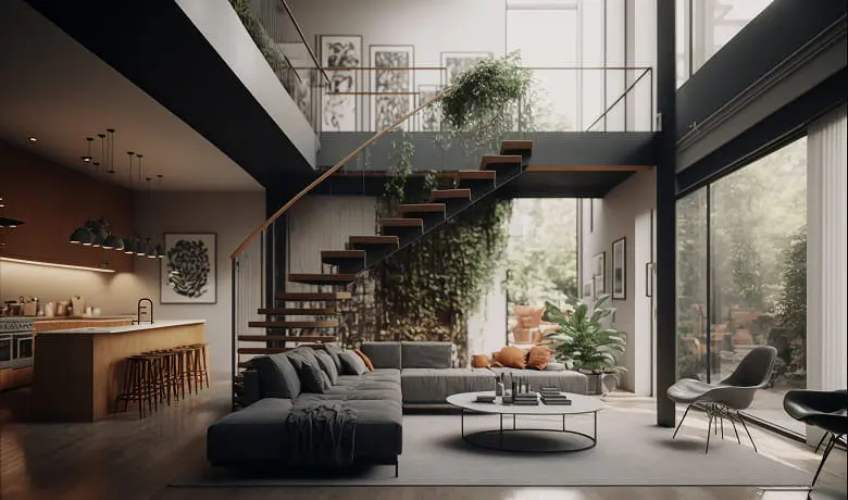 モダンなデザインのリビングルームで、空中階段と大きな窓が特徴的